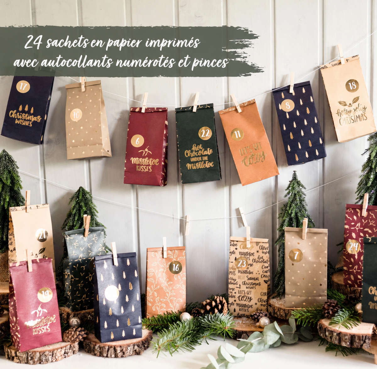 Calendrier de l’Avent avec 24 sachets en papier kraft décorés à garnir