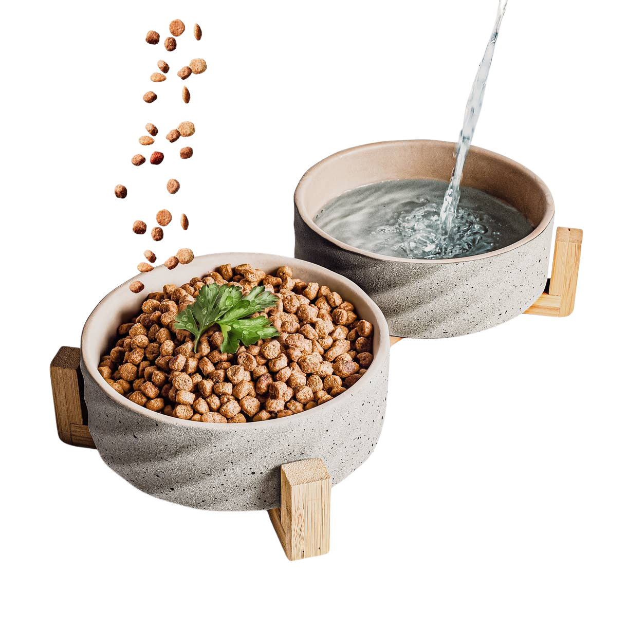 Double ceramic bowl on a bamboo stand
