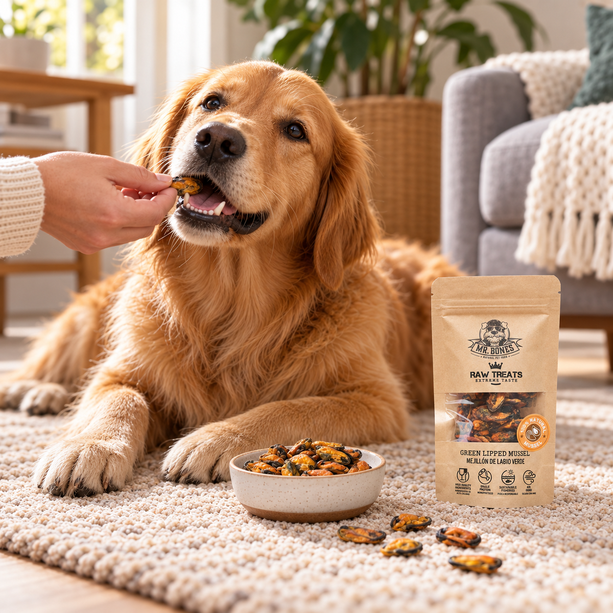 Delicias de mejillón de labios verdes para perros y gatos