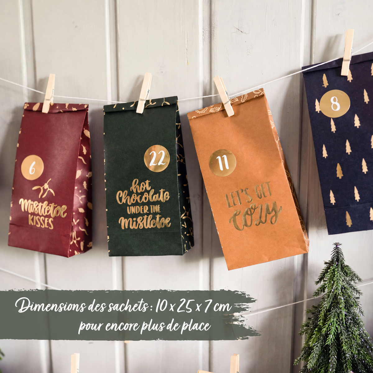 Calendrier de l’Avent avec 24 sachets en papier kraft décorés à garnir