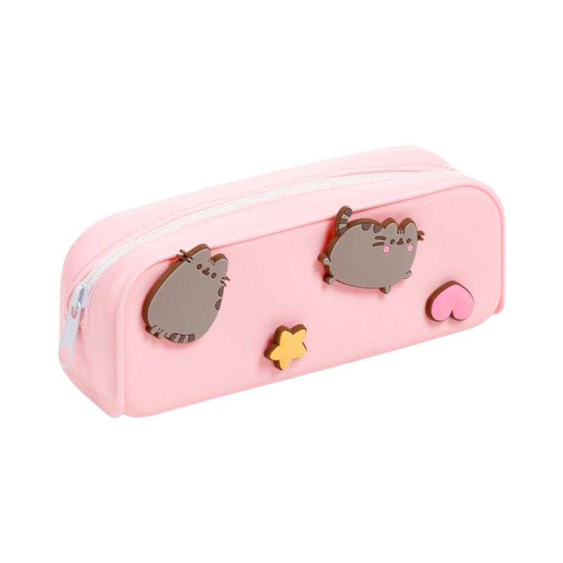 Trousse Pusheen en silicone rose avec étoiles et cœurs