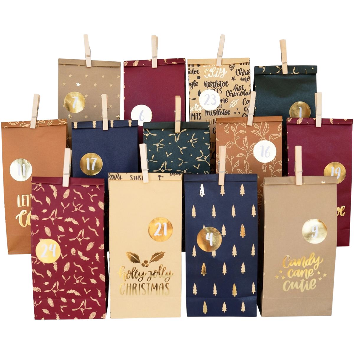 Calendrier de l’Avent avec 24 sachets en papier kraft décorés à garnir