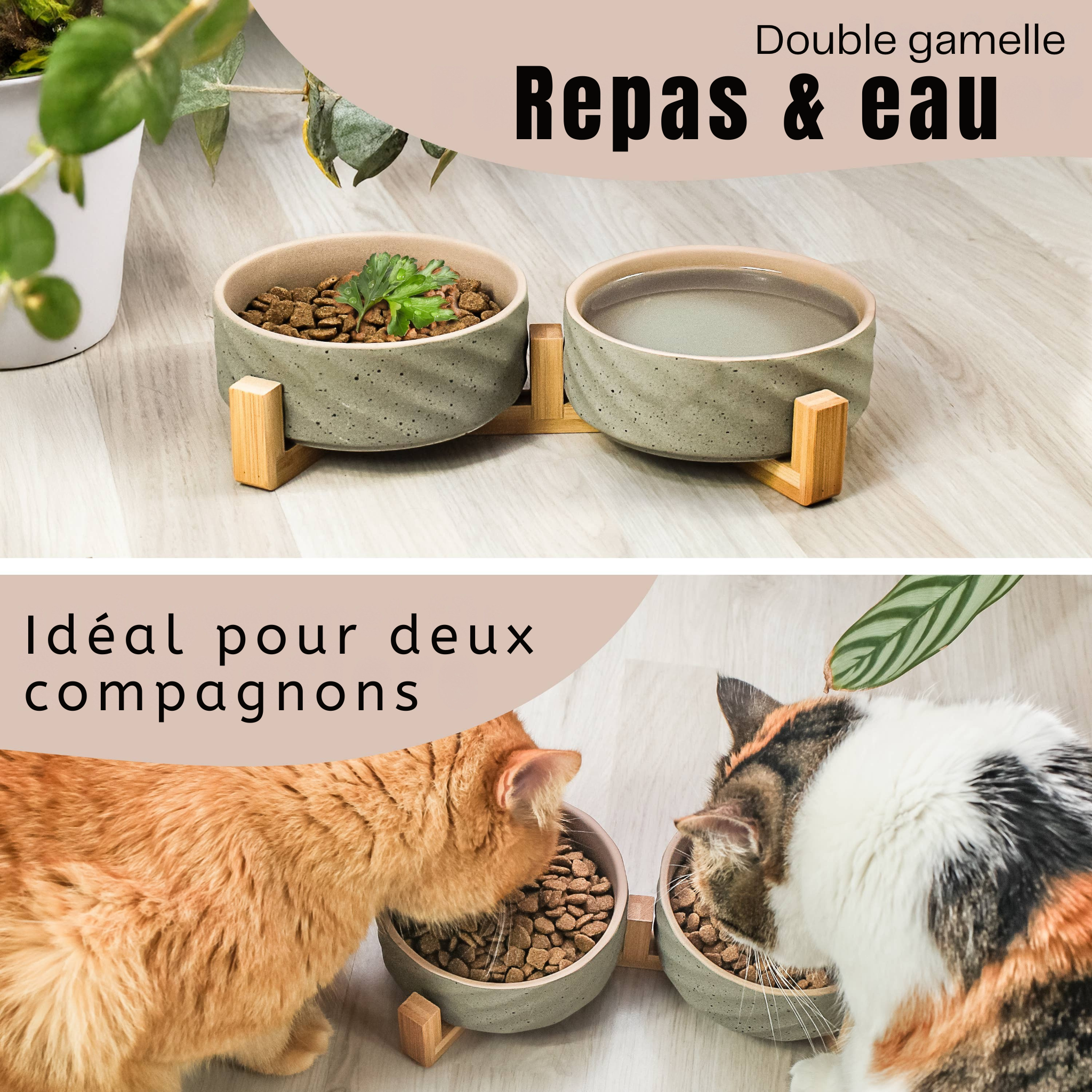 Gamelle double en céramique sur support en bambou