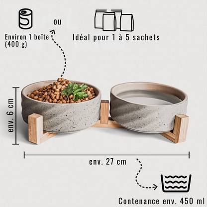 Gamelle double en céramique sur support en bambou