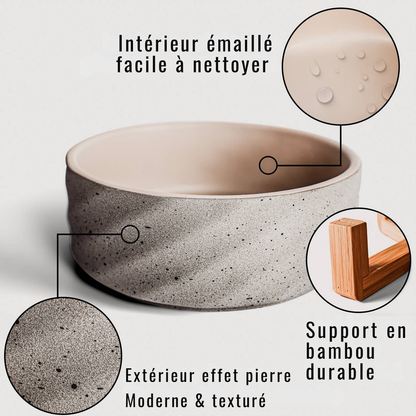 Gamelle double en céramique sur support en bambou