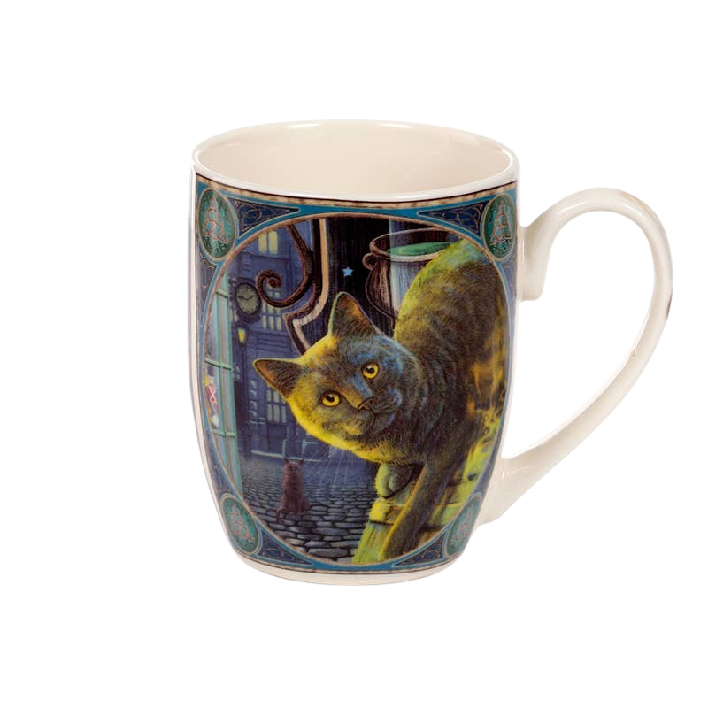 Porcelain mug with cat and rusty cauldron
