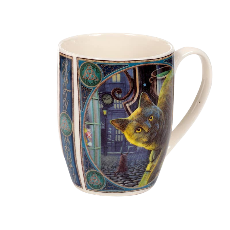 Porcelain mug with cat and rusty cauldron