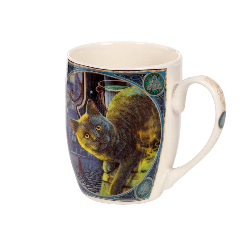 Porcelain mug with cat and rusty cauldron