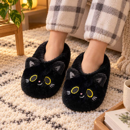 Rutschfeste Hausschuhe Lucky die schwarze Katze