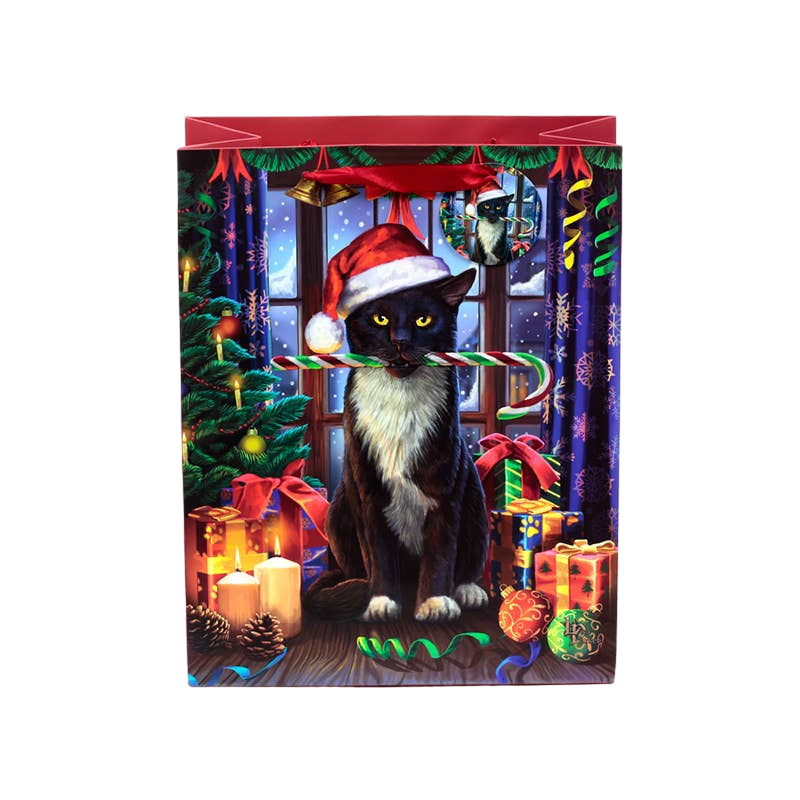 Large Christmas gift bag with candy cane cat