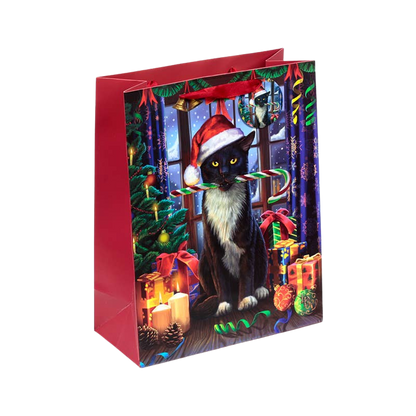 Large Christmas gift bag with candy cane cat