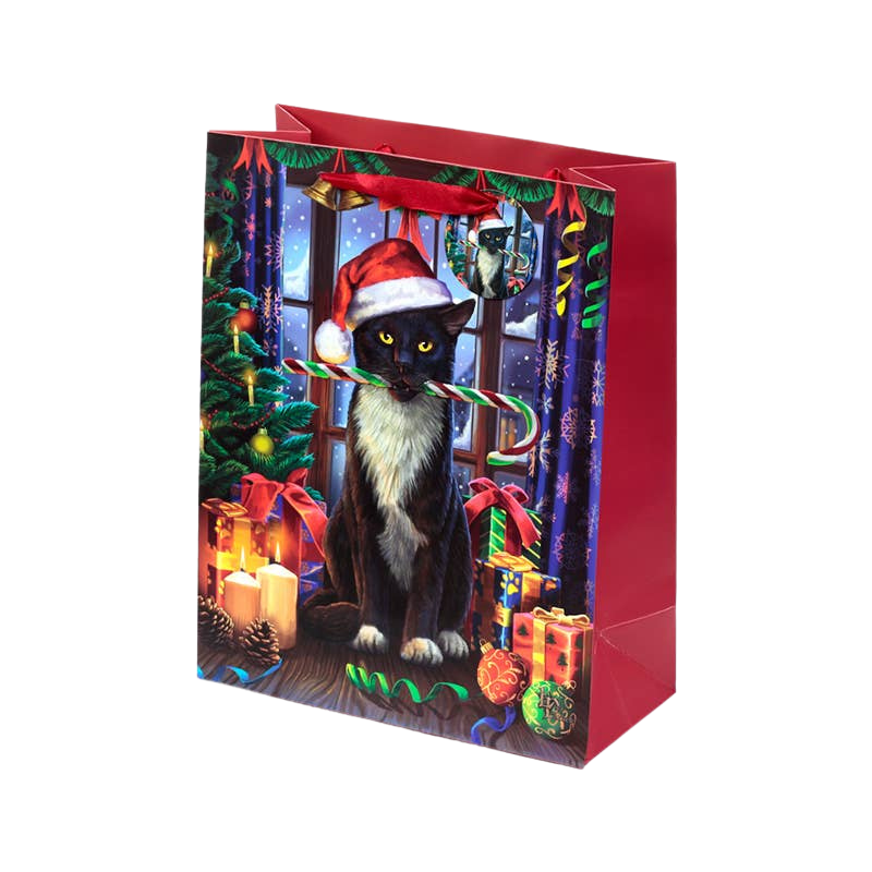 Large Christmas gift bag with candy cane cat