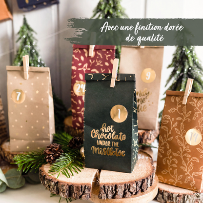 Calendrier de l’Avent avec 24 sachets en papier kraft décorés à garnir
