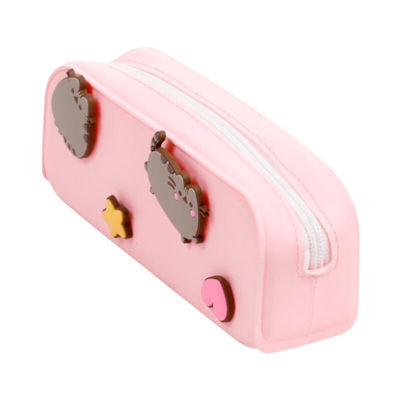 Trousse Pusheen en silicone rose avec étoiles et cœurs