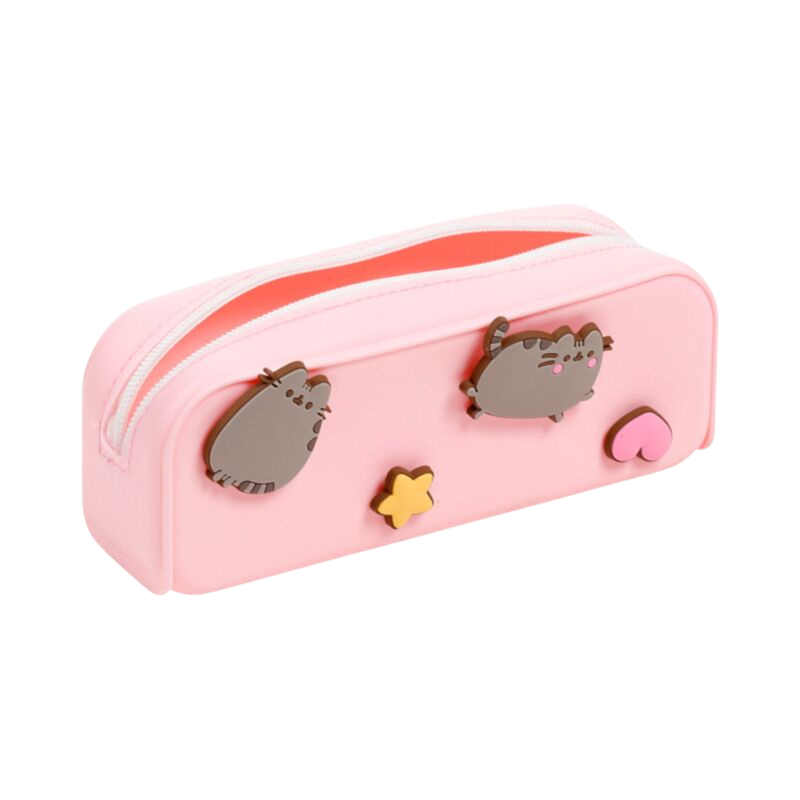 Trousse Pusheen en silicone rose avec étoiles et cœurs