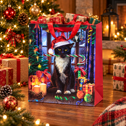 Large Christmas gift bag with candy cane cat