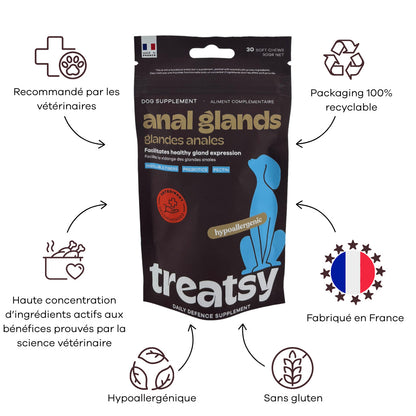 Complemento alimenticio para las glándulas anales de los perros